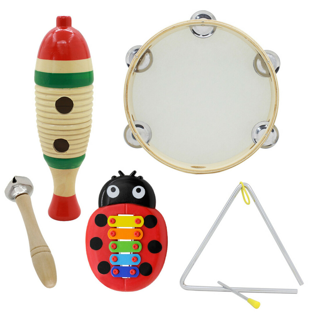 5 delige set orff muziekinstrumenten vis kikker/tamboerijn/hand bel/musical driehoek ijzer/kever vijf kleuren aluminium