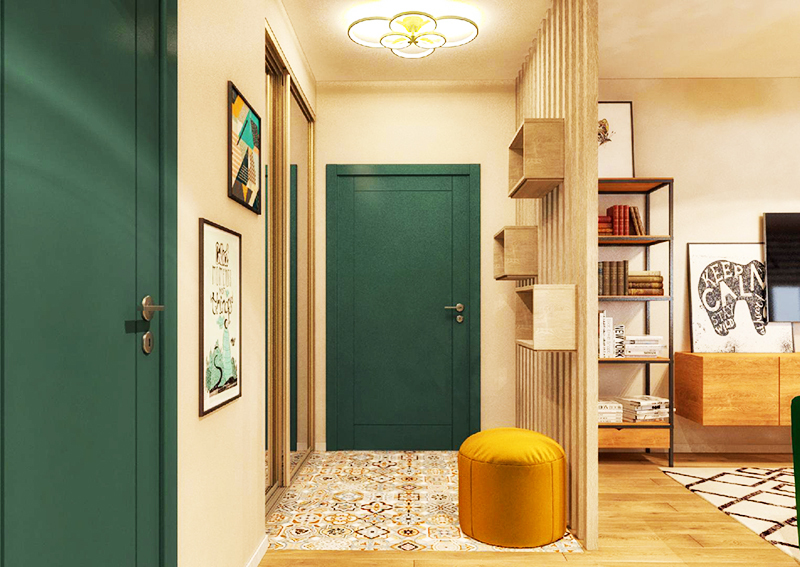 Umieść jasną pufę w przebieralni lub pomaluj drzwi od wewnątrz na intensywną zieleń lub inny kolor