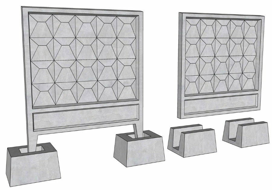 Esquema de uma cerca de concreto armado com diferentes tipos de vidros