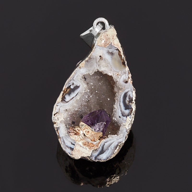 Hanger agaat grijze geode met amethist kristal (bij. legering) 3-4 cm