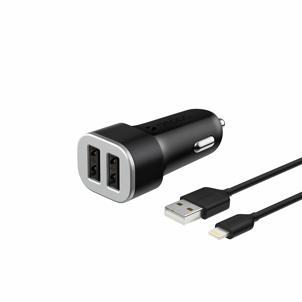 Polnilec za avto Deppa 2 USB 2.4A + Lightning kabel, MFI črn