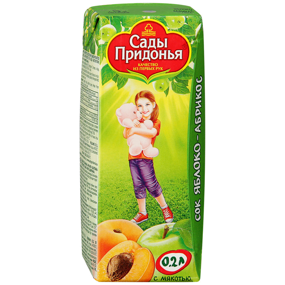 Sady Pridonia juice eple-aprikos med fruktkjøtt rekonstituert uten sukker fra 5 måneder, 0,2l