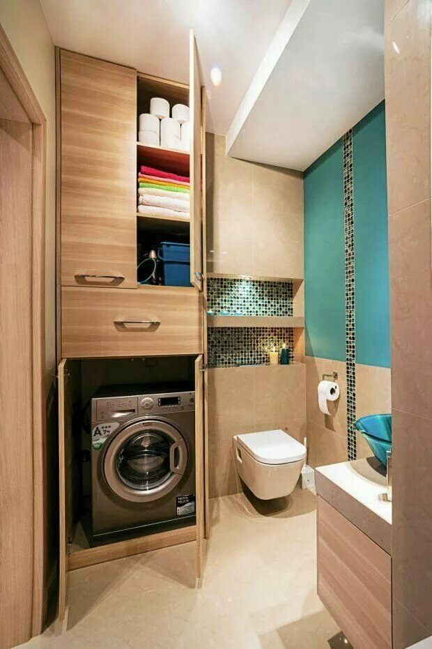 Built-in wardrobe for wood in a small bathroom