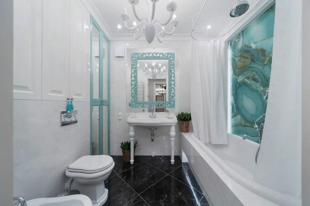 Turquoise accents in the interior of a bright bathroom