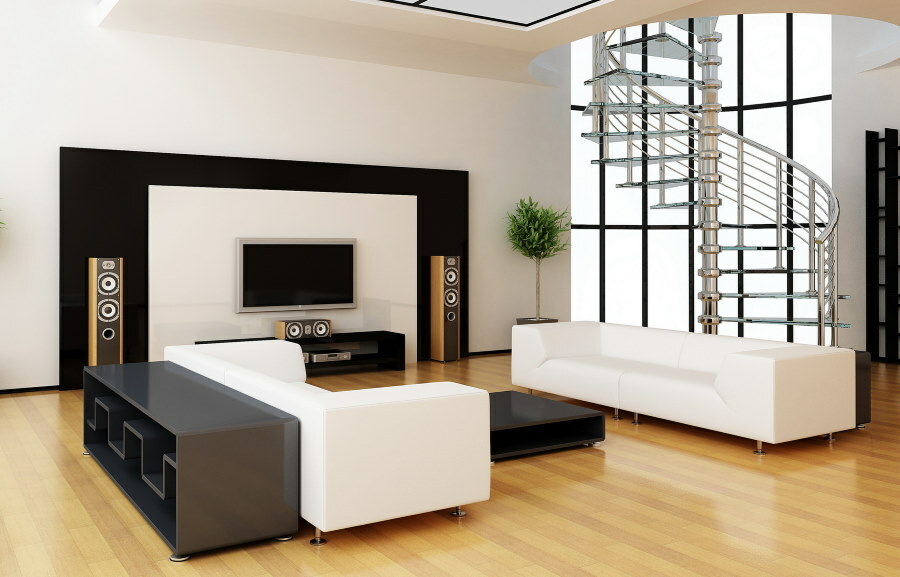 Minimalistinio stiliaus svetainė su baltomis sofomis