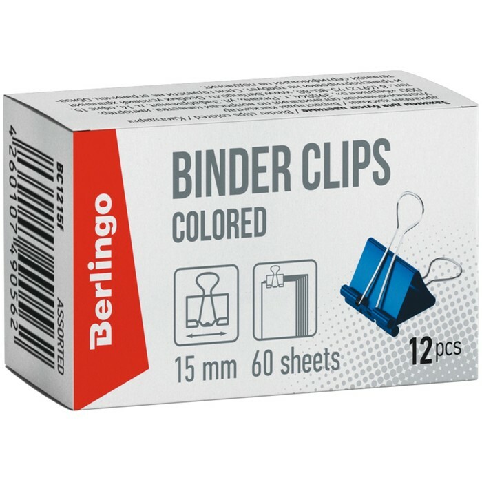 Clipes de pasta de 15 mm, Berlingo, 12 unidades, coloridas, caixa de papelão