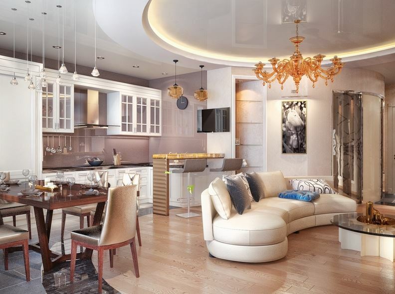 Postmoderní design obývacího pokoje s kuchyní