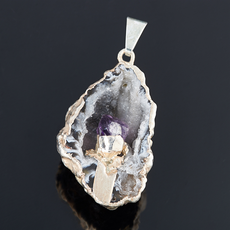 Hanger agaat grijze geode met amethist kristal (bij. legering) 3-4 cm