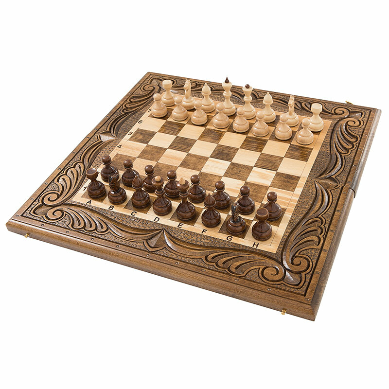 Schach + Backgammon Mirzoyan geschnitzt 50, am454