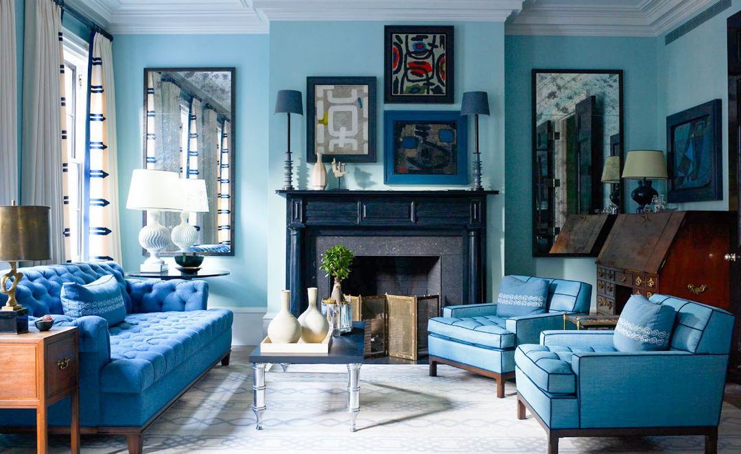 sala de estar en tonos azules