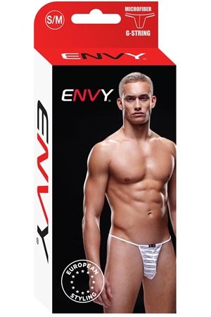Erotikus áttetsző férfi tanga fehér csíkokkal ENVY E021-WHTSM fehér