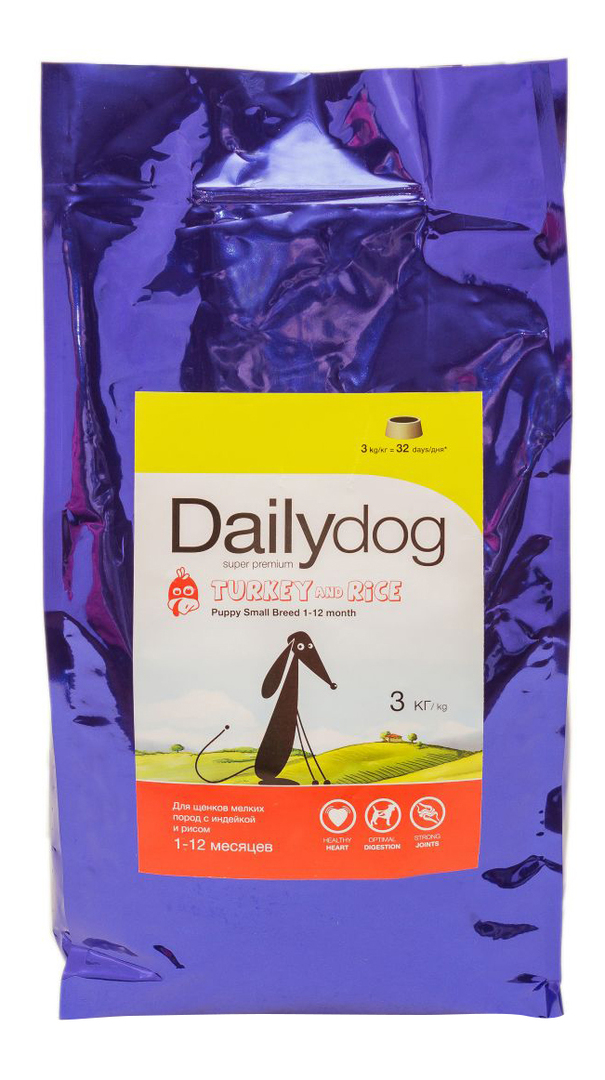 Tørfoder til hvalpe Dailydog Puppy Small Breed, til små racer, kalkun og ris, 3kg