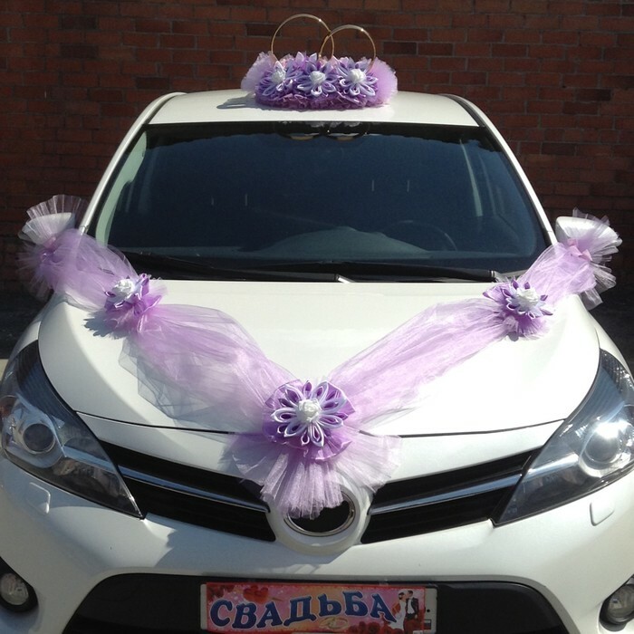Car decoration set: rings with handmade flowers, 4 bows for the handles, 2 ribbons for the hood, a bow for the radiator, lilac