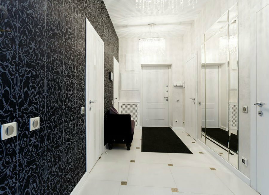 Black wallpaper in the interior of a large hallway