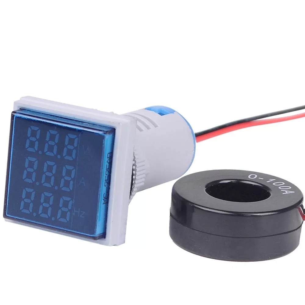 ADET 22mm 50-380V 100A 99Hz Dijital LED Volt Amp Hz AC Ampermetre Voltmetre Akım Frekans Voltaj Gösterge Metre Test Cihazı Sinyal Açık Mavi