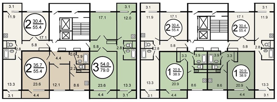 Plano de planta de la serie de edificios p 46 con la ubicación de los apartamentos.