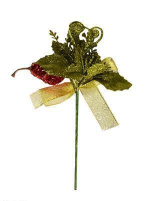 Boeket in een zakje met een ophanging, een groene bloem met een rode peer met groene takken en een strik (11-0