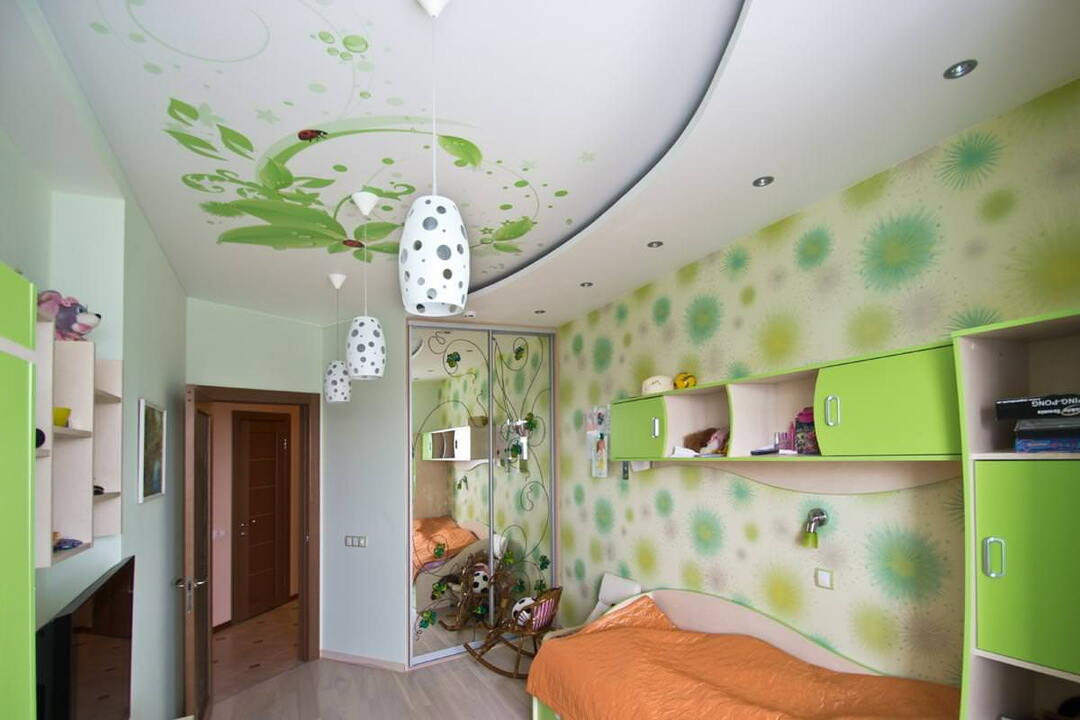Stretch ceiling in the nursery: two-level, with a pattern and other types in the interior, photo