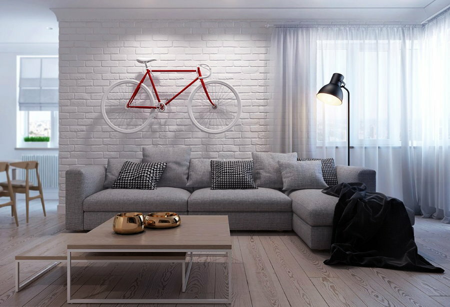 Mūriniai tapetai gyvenamojo kambario interjere minimalistinio stiliaus