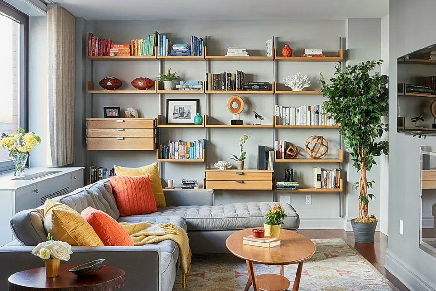 Shelving unit with open shelves in a cozy living room