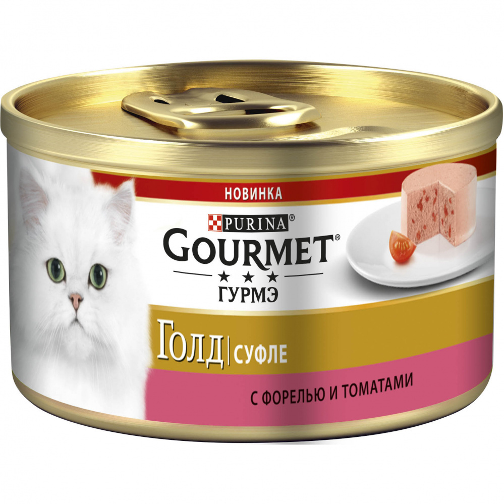 Krmivo pre mačky Gourmet Gold soufflé pstruh s paradajkami. 85 g