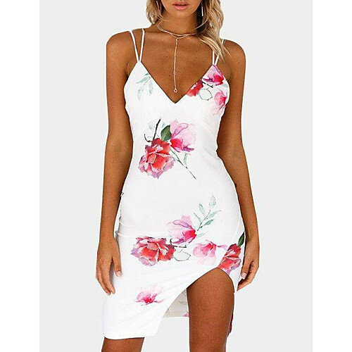 Dişi Dışarı Çıkma Sexy Slim Bodycon Elbise - Çiçek Desenli Askı Diz Üstü