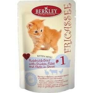 Berkley Fricasse Kitten Menu Coniglio # e # Manzo, Filetto di pollo # e # Erbe in salsa # 1 con coniglio, manzo e pollo in salsa per gattini 85g (75250)