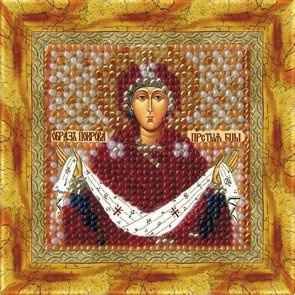 Tekening op stof Borduurmozaïekkunst. 4033 Icoon van St. Bescherming van de Allerheiligste Theotokos 6.5x6.5 cm