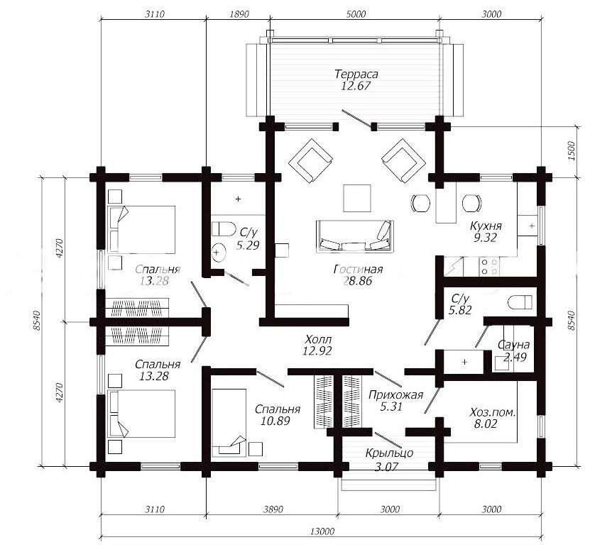 Medinio namo planas su dviem vonios kambariais