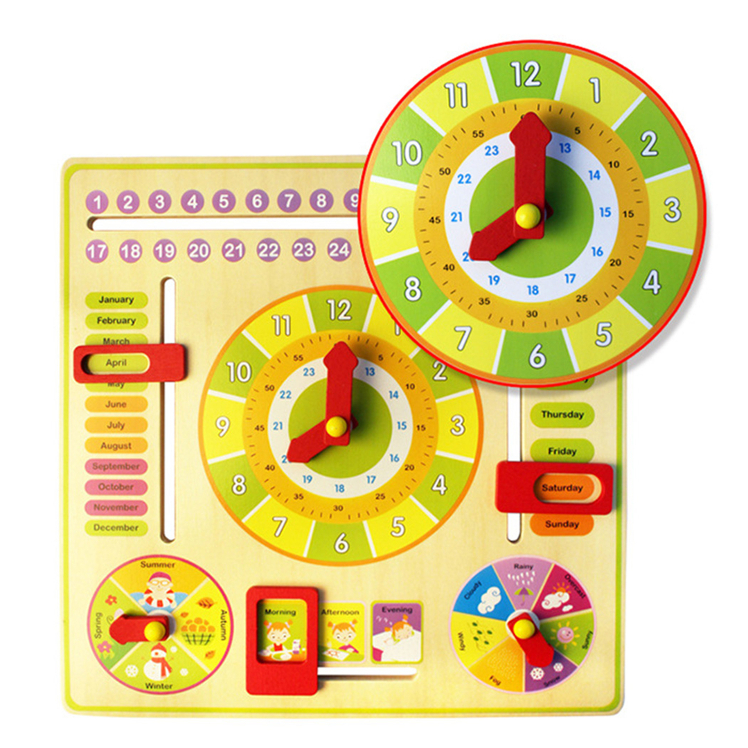 Reloj educativo multifuncional de madera, reloj despertador de juguete, calendario, juguetes educativos de cognición