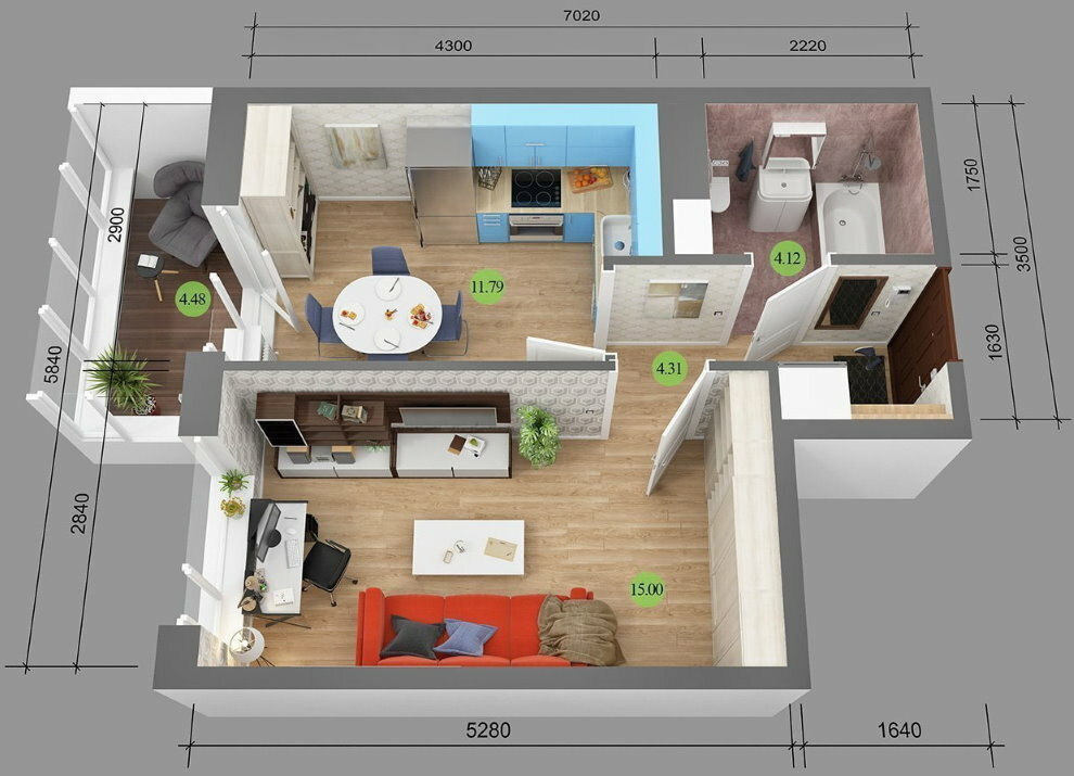 Proyecto terminado de apartamento de una habitación con un área de 36 metros cuadrados.
