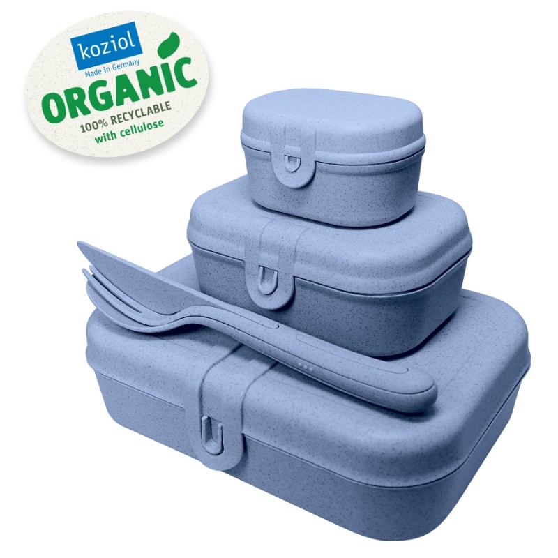 3 adet beslenme çantası seti. ve çatal bıçak takımı Pascal organik mavi