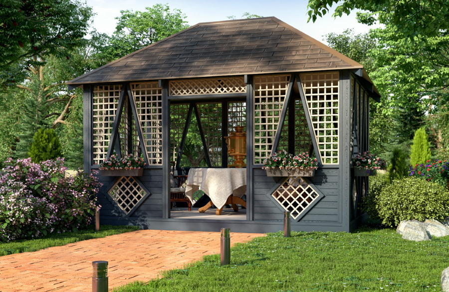 Schöne Einrichtung eines Gartenpavillons aus Holz