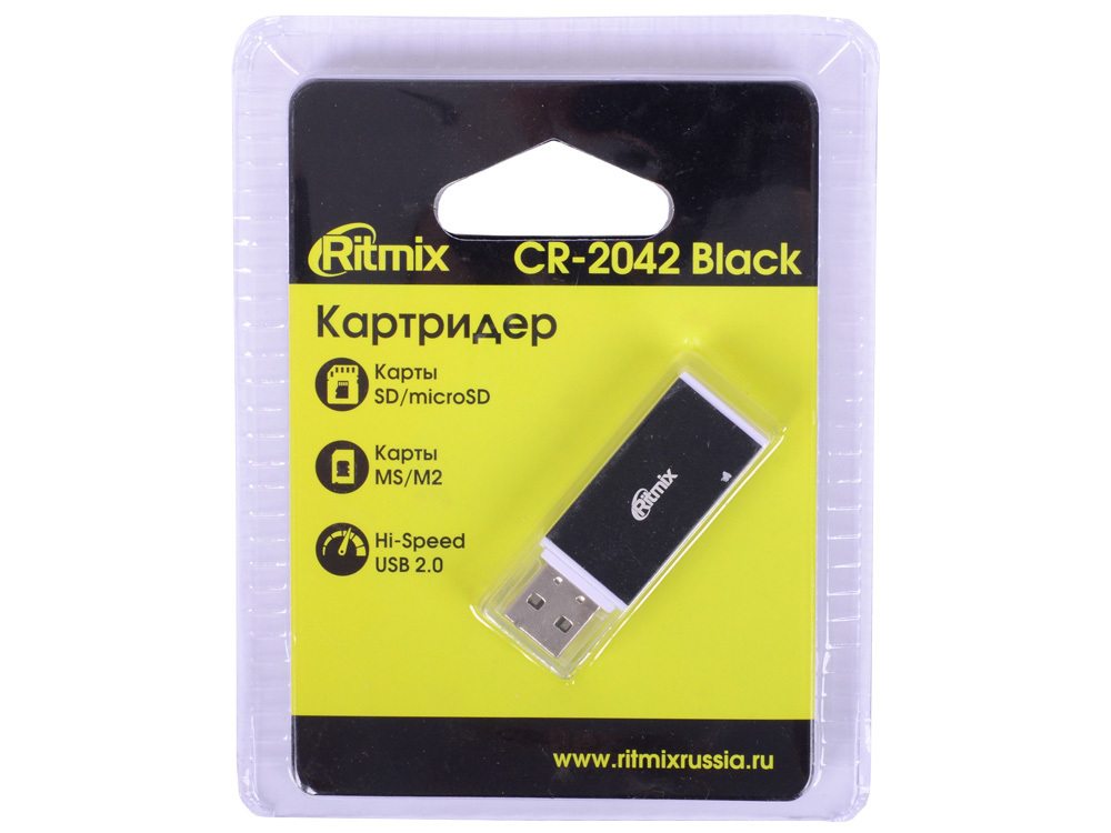 Kortinlukija RITMIX CR-2042 musta, SD / microSD, tukee SD-, microSD-, MS-, M2-muistikortteja, Plug-n-Play, USB-virtalähde, 5 V, nopeus, jopa 480 Mbps