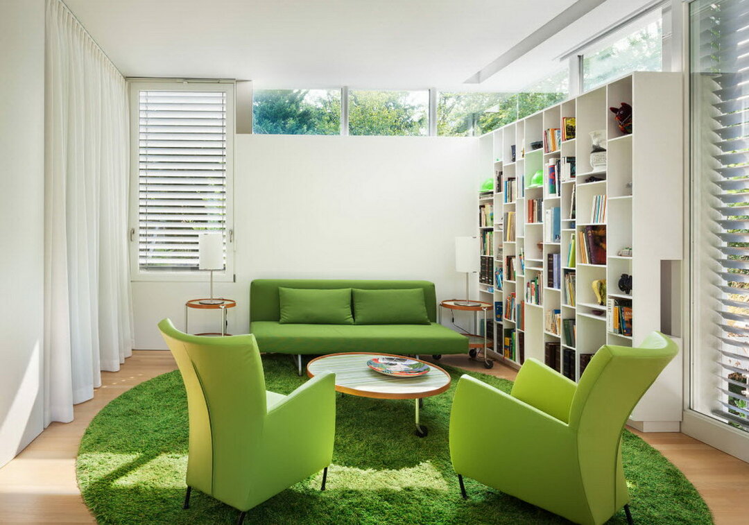 Green sofa in the living room interior: a photo of an interesting room design