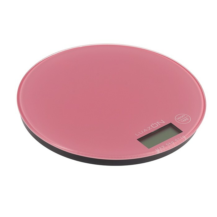 Balanza de cocina electrónica LuazON LVK-701 hasta 5 kg, redonda, vidrio, rosa palo