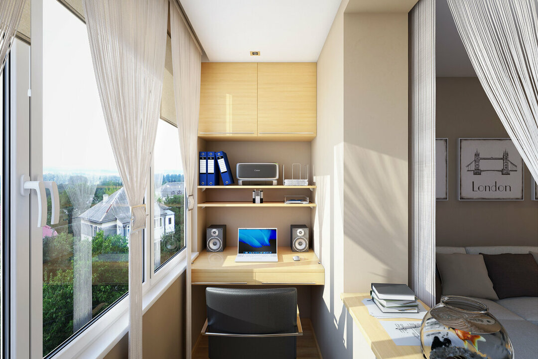 Kancelária na balkóne: pracovisko v interiéri miestnosti, dizajnové fotografie