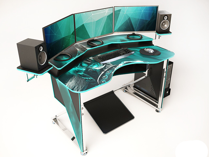 Neste modelo, além de um confortável suporte para monitores e acústica e recessos no tampo da mesa para a pessoa sentada, há também um suporte para pés