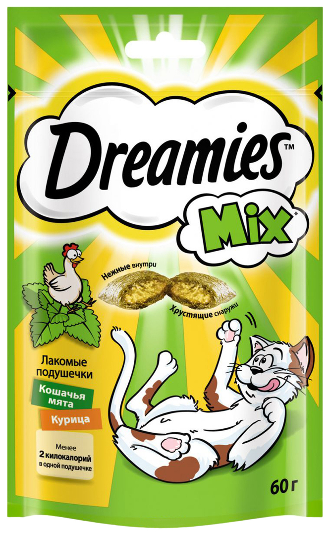 Kediler için tedavi Dreamies Mix Pillows, tavuk ve catnipli 60 g