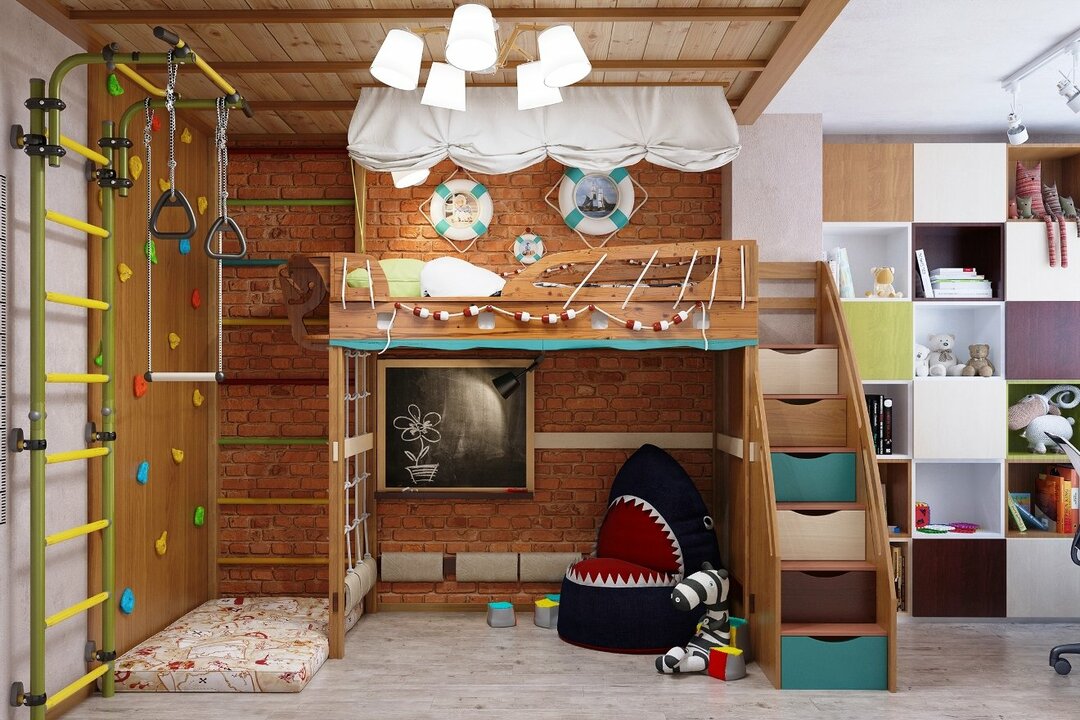 neobvyklá detská posteľ podkrovie so zásuvkami