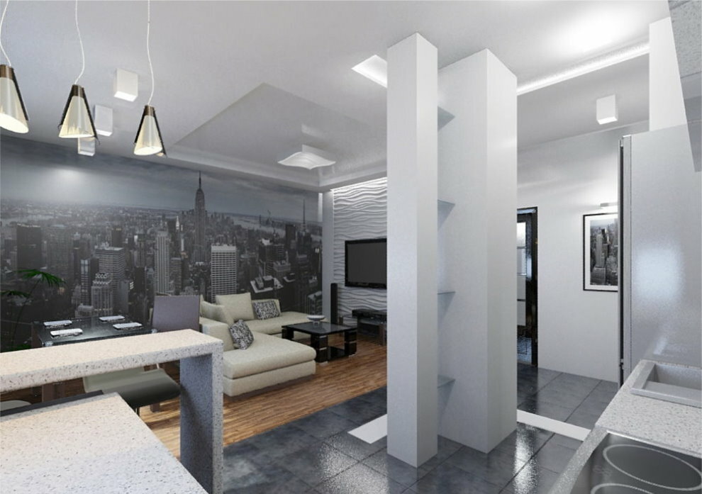 Appartamento monolocale 36 mq design: pianificazione di progetti in stile moderno, foto