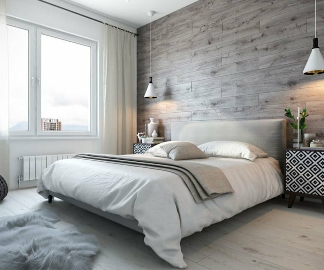 Sivo pohištvo v spalnici: kombinacija z bež in rumenimi toni v notranjosti s fotografijo