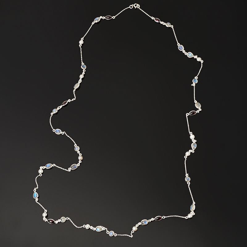 Perlenmix Granat, Perle, Mondstein (Silber 925 pr.) (Kette) lang 91 cm