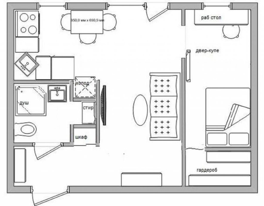 Suunnitelma 2 huoneen Hruštšovista, kun keittiö on yhdistetty olohuoneeseen