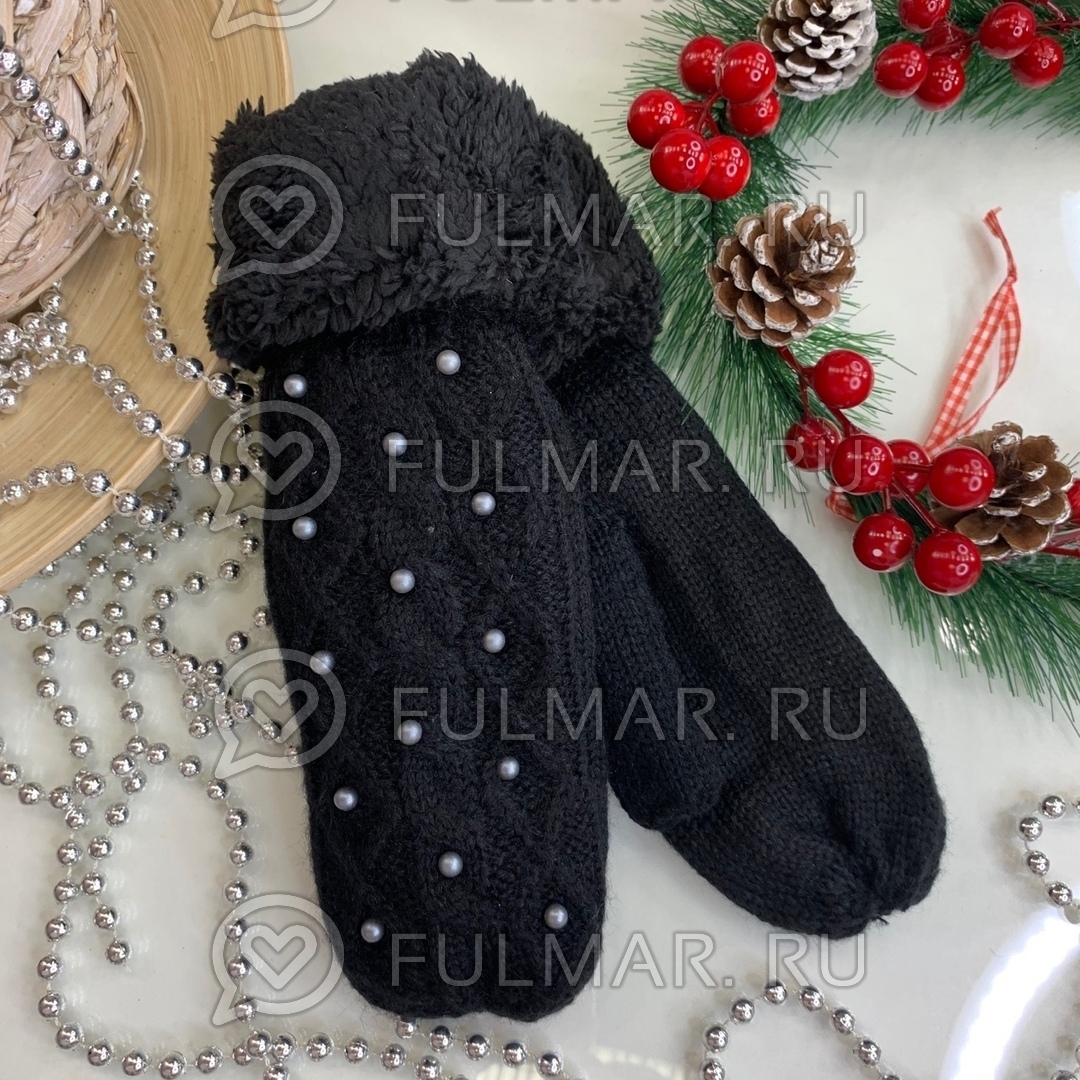 Mitaines tricotées en laine Perles (couleur: noir)