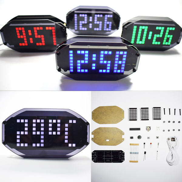 ® Juego de reloj despertador de mesa de matriz de puntos LED con espejo negro para bricolaje con pantalla de temperatura, función de fiesta y cumpleaños