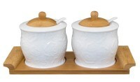 Storage set White roses, with spoon and lid, on a stand, 2 jars