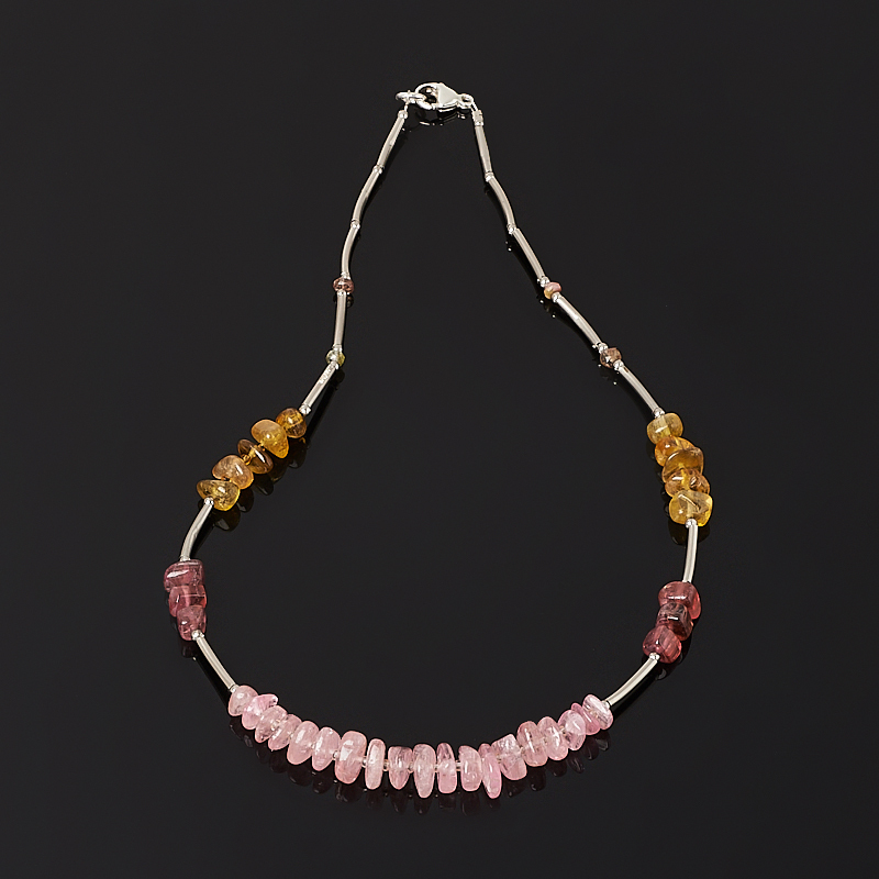 Perles tourmaline jaune (dravit), rose (rubellite) (bij. alliage) (collier) 43 cm