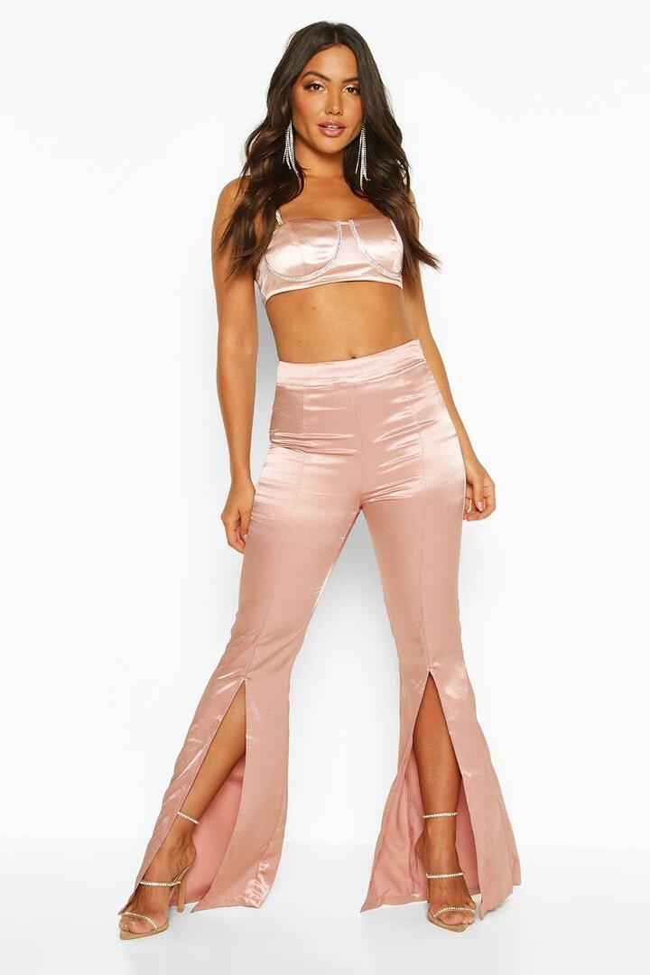 Front slit satin flared trousers