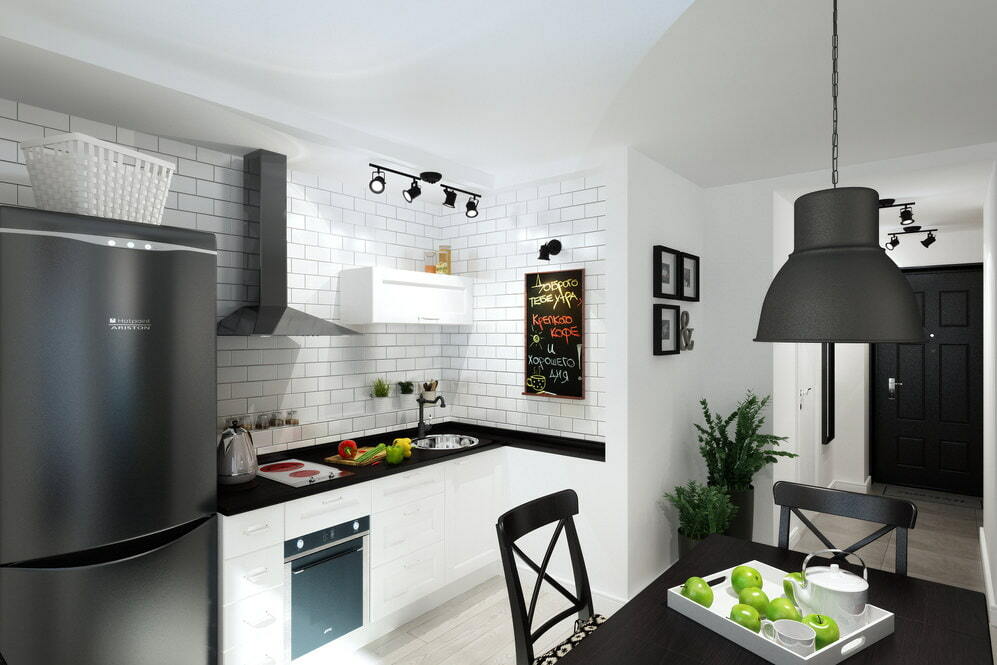 Kompaktiškos virtuvės dizainas 33 kvadratinių metrų bute